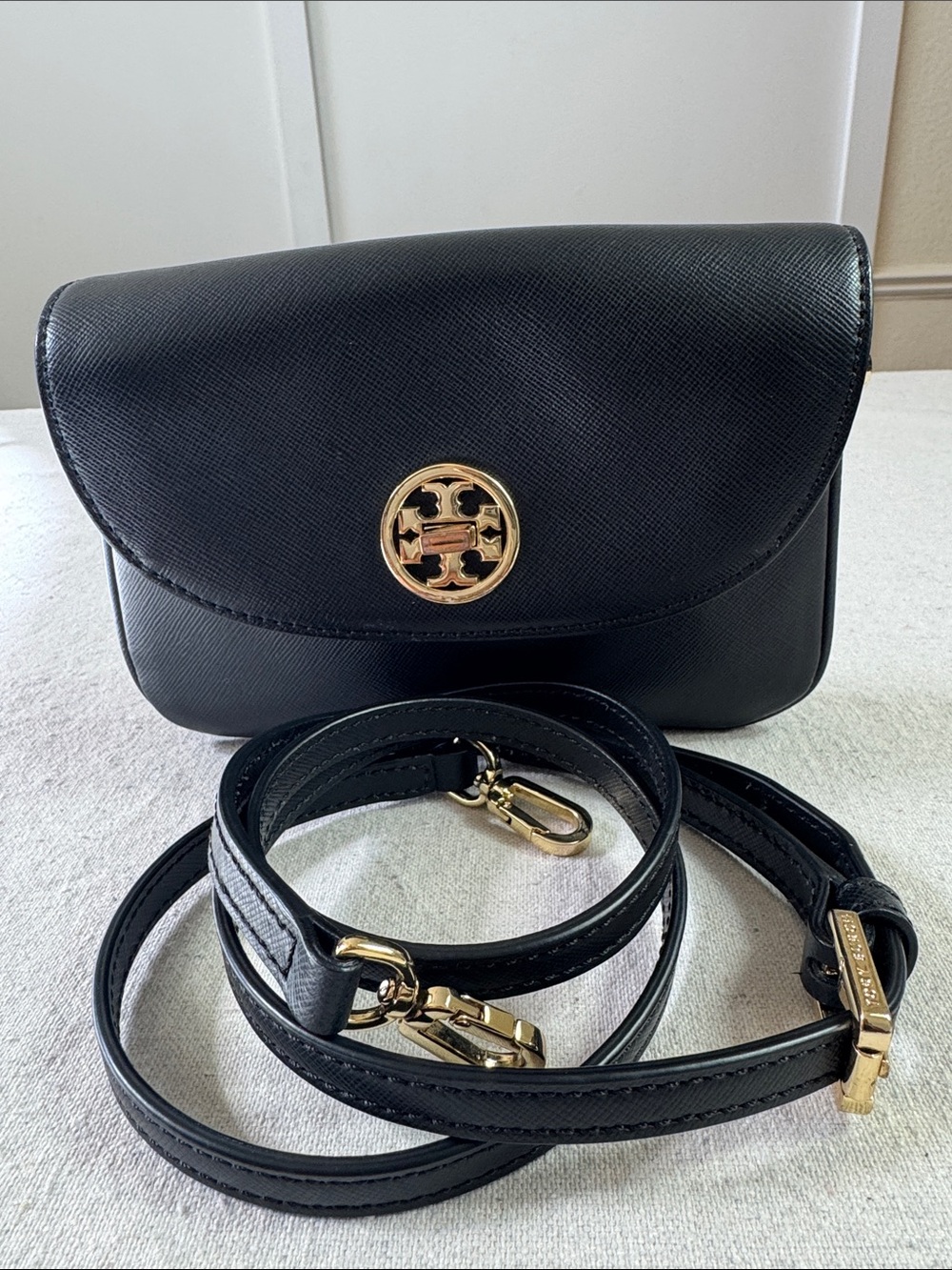 Tory Burch Black Leather Crossbody Bag with Gold Logo